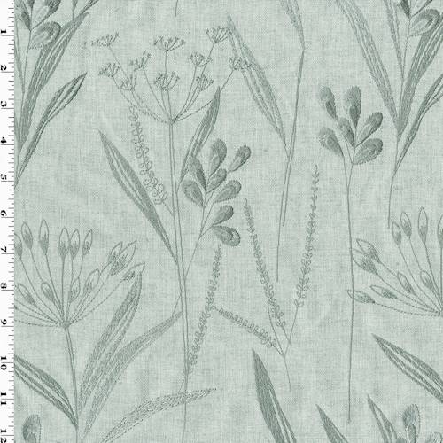 Sage Green Floral Embroidered Basketweave Decorating Fabric DFW54623