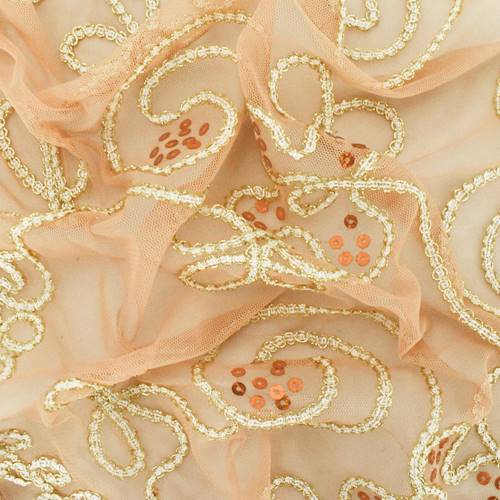 Deep Beige/Gold/White Swirl Applique Sequin Scallop Mesh 77079