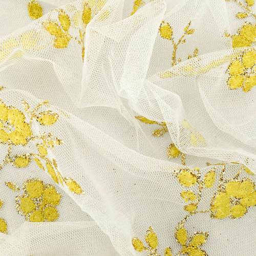 White/Yellow/Gold Floral Glitter/Bead Flock Mesh 77730