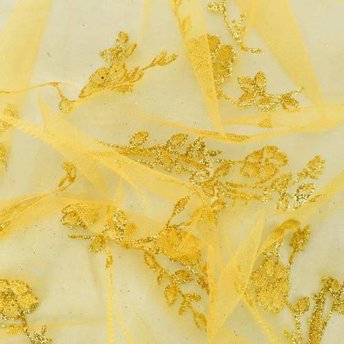 Gold Yellow Floral Glitter/Bead Flock Mesh 77729