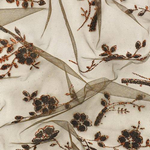 Brown Floral Glitter/Bead Flock Mesh 77733