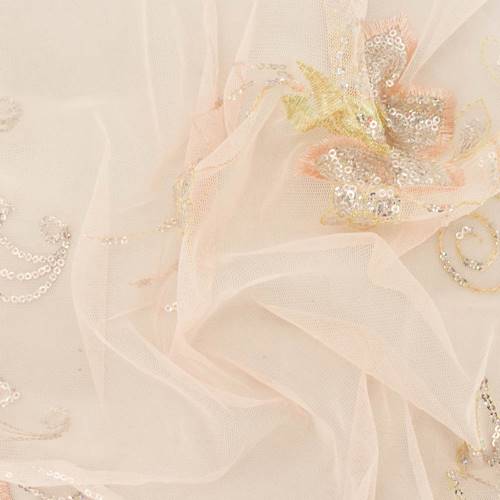 *1 1/2 YD PC--Peach/Gold/Silver Floral Embroidered Sequin Scallop Mesh