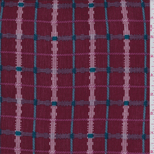 *3 YD PC--Berry Red/Teal Check Print Rayon Crepon