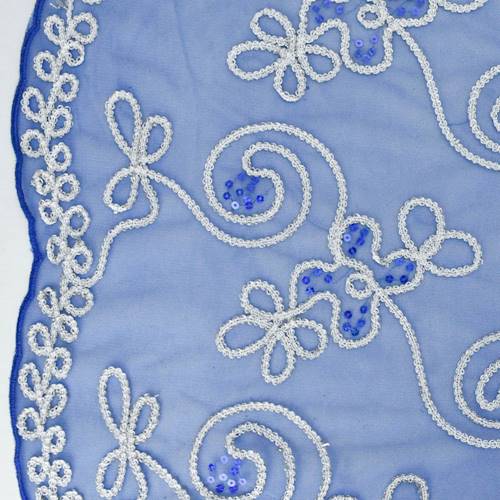 Blue/Silver/White Swirl Applique Sequin Scallop Mesh 78377
