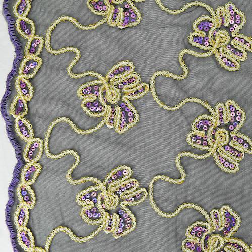 Black/Lilac Purple/Gold Floral Applique Sequin Scallop Mesh 78379