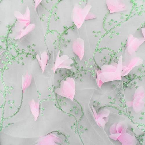 *1 YD PC--Pink/Green/White Floral Embroidered Mesh