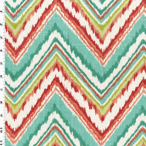 Teal/Coral/Multi Ikat Chevron Print Linen Decorating Fabric DFW55826