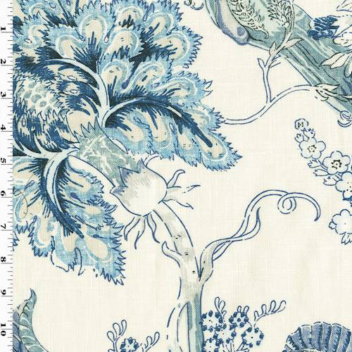 Blue White Floral Print Linen Blend Home Decorating Fabric