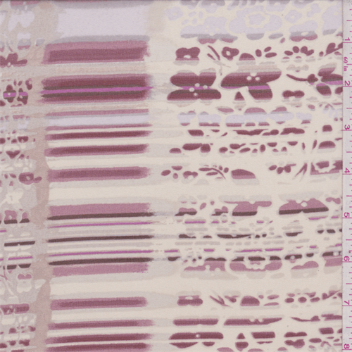 *3 1/8 YD PC--Buff/Maroon Muted Floral Stripe Polyester Chiffon