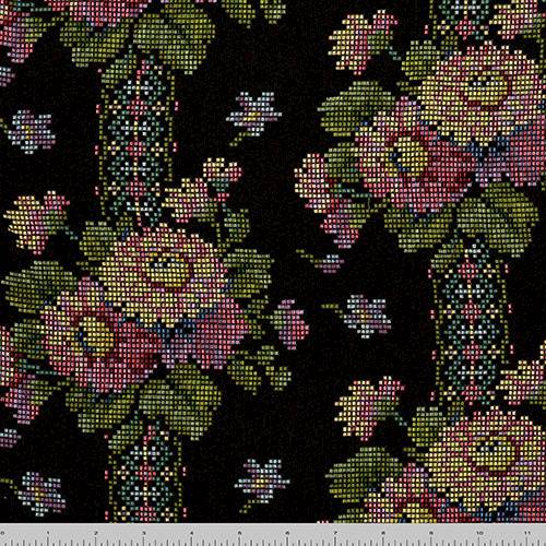 Black/Pink/Multi Floral Pixel Jacquard Decorating Fabric DFW57127