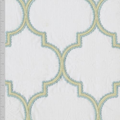 White/Teal/Beige Quatrefoil Embroidered Decorating Fabric DFW57292