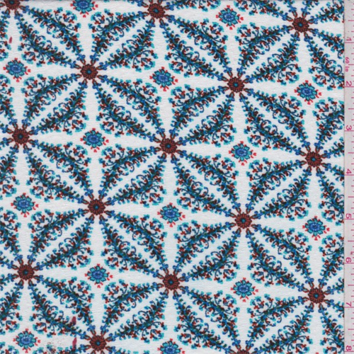 *2 1/2 YD PC--White/Turquoise Floral Pinwheel Rayon Crepe