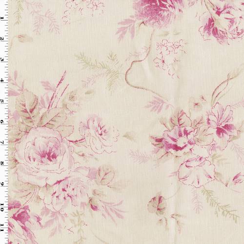 Whisper Gray/Pink Floral Printed Linen Decorating Fabric DFW57806