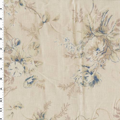 Whisper Taupe/Teal Floral Printed Linen Decorating Fabric DFW57808