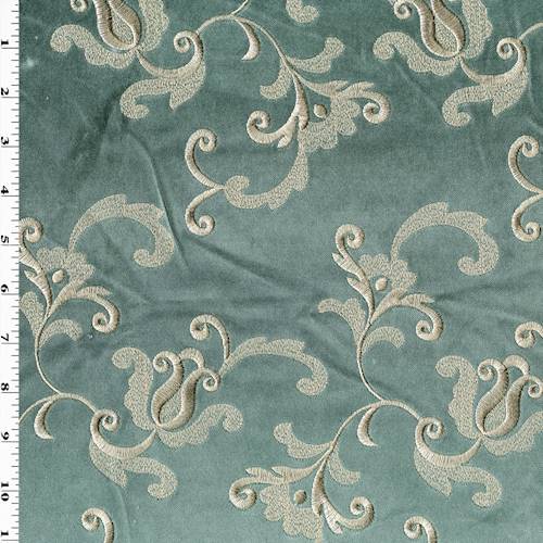 Misty Green/Taupe Vine Embroidered Velvet Decor Fabric DFW57869