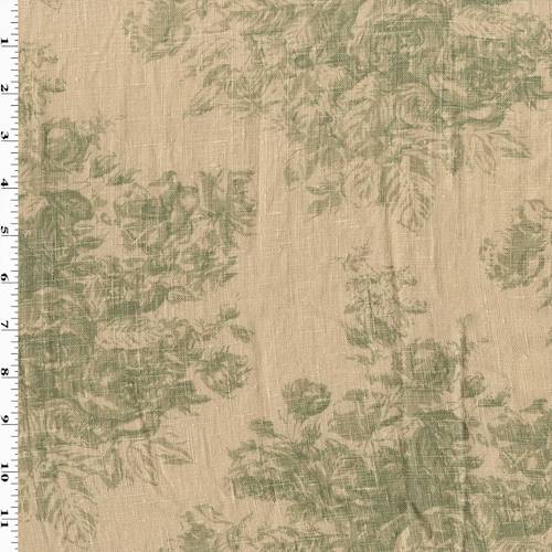 Sage/Beige Floral Printed Slubbed Linen Decorating Fabric DFW58074