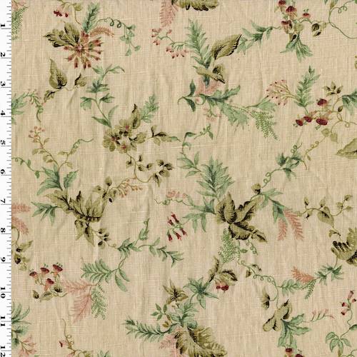 Beige/Green/Multi Leaf Floral Printed Linen Decor Fabric DFW58075