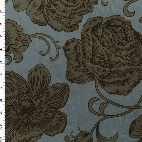 Blue/Pewter Rose Printed Velveteen Performance Decor Fabric DFW58104