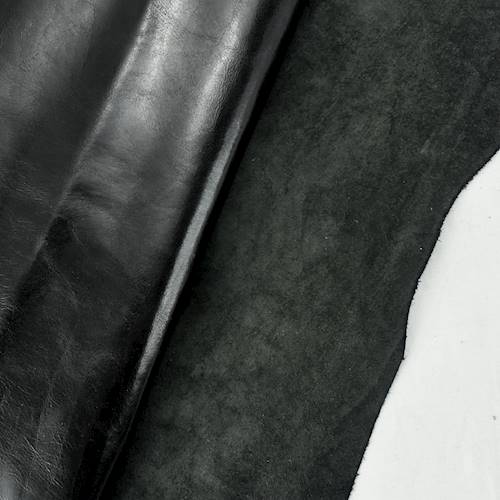 Deep Ink Black Glossy Textured Leather Hide HIDE477