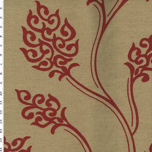 *5/8 YD PC--Tan/Red Floral Embroidered Canvas Weave Home Decorating Fabric