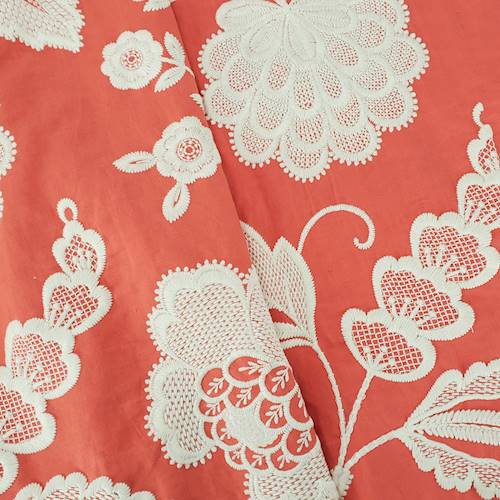 Coral/Off-White Floral Embroidered Woven Decorating Fabric DFW58394