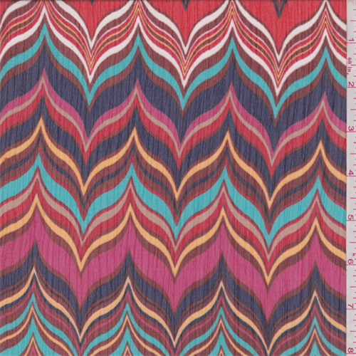 *1 7/8 YD PC--Flame Red Multi Chevron Wave Print Crinkled Chiffon