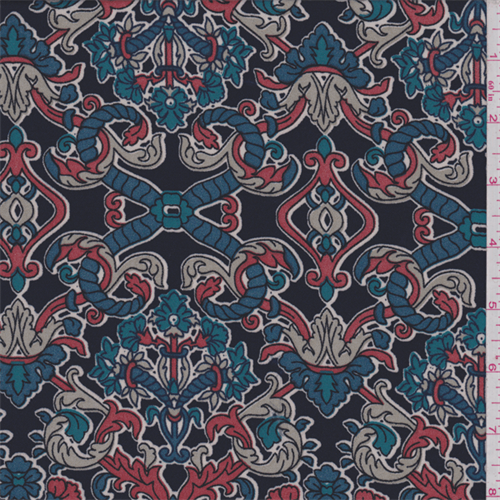 *3 YD PC--Navy/Teal Scroll Print Polyester Crepe