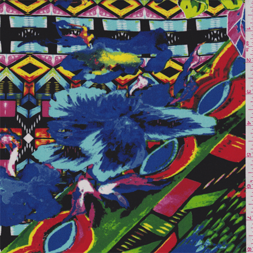 *6 YD PC--Black Multi Southwest Floral Crepe de Chine