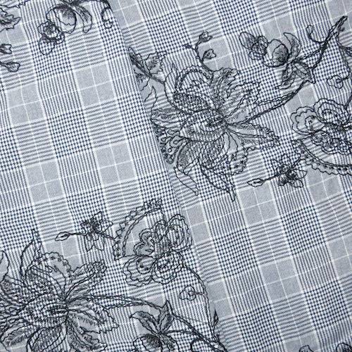 Black/Deep Navy/White Floral Embroidered Plaid Jacketing 71127