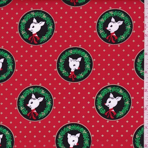 Red "Fawn Laureates" Print Cotton