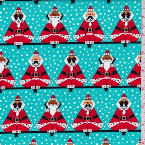 Turquoise "Three Wise Santas" Print Cotton