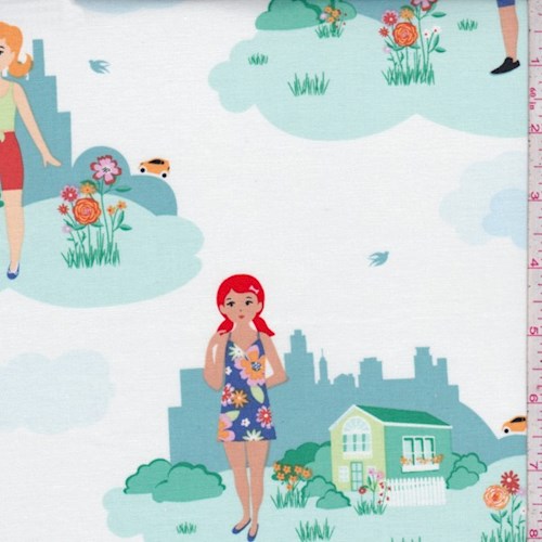 White "Paper Doll Park" Print Cotton