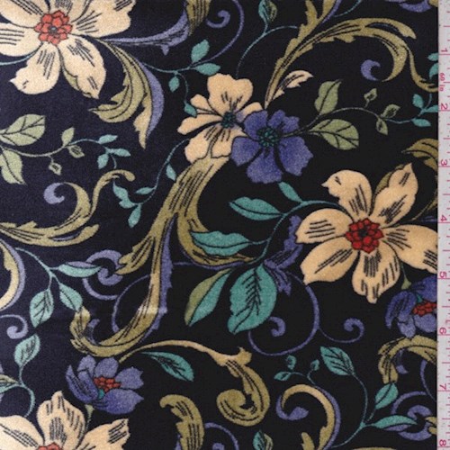 Dark Navy Scroll Floral Stretch Velvet