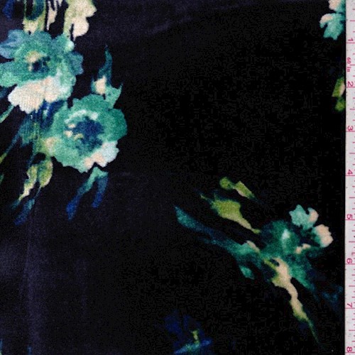Dark Ink Blue Mottled Floral Stretch Velvet
