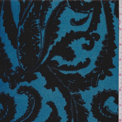 Sky Blue/Black Baroque Scroll Stretch Velvet