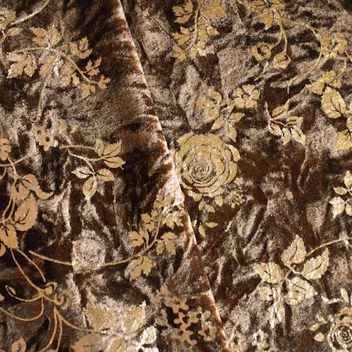 Coffee Brown/Gold Rose Foil Printed Crushed Velvet Knit 71227