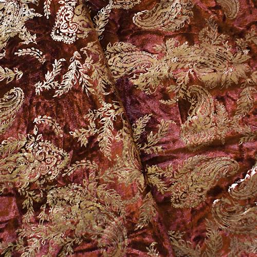 Antique Red/Gold Paisley Foil Printed Crushed Velvet Knit 71232