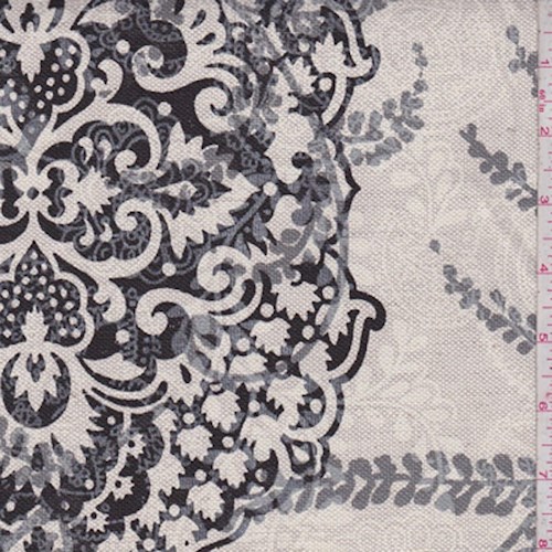 Oatmeal Grey Baroque Scroll Print Linen Canvas