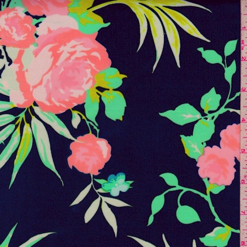 Navy/Lime/Coral Tropical Floral Scuba Knit