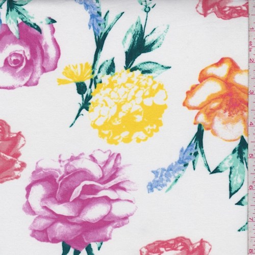 White Multi Large Floral Double Brushed Jersey Knit