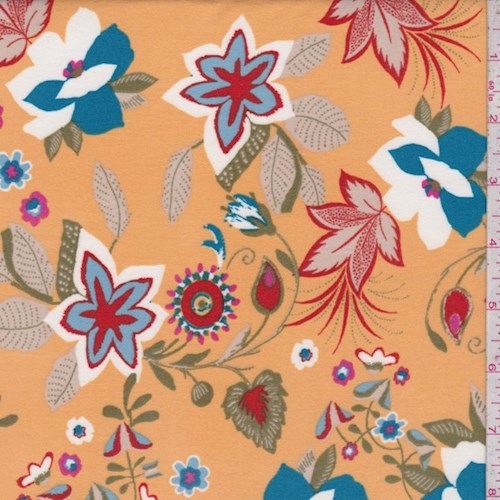 Yellow Beige/Aqua Art Floral Double Brushed Jersey Knit