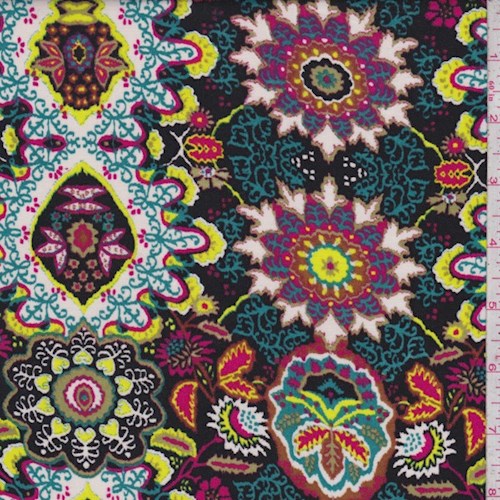 Black/Teal/Citron Medallion Rayon Challis