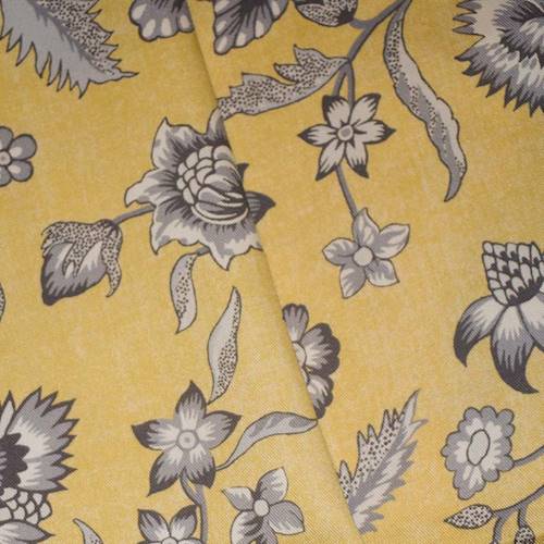 *5 3/8 YD PC -- Antique Yellow/Gray Floral Printed Twill Woven Decorating Fabric DFW4070-X