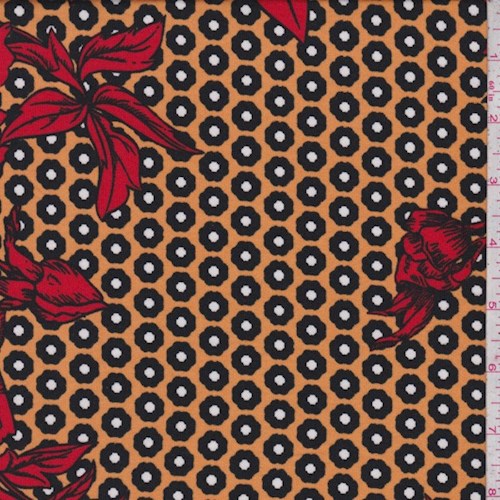 Antique Gold/Ruby Medallion Floral Double Brushed Jersey Knit