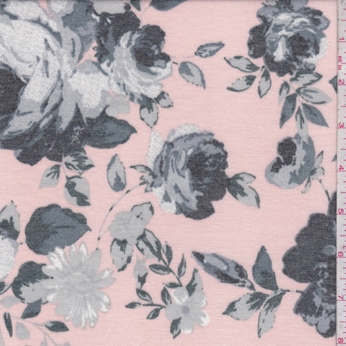 Pale Peach/Grey Floral Double Brushed French Terry Knit
