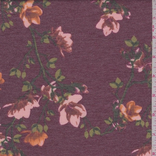 Heather Burgundy Floral Sprig Double Brushed French Terry Knit