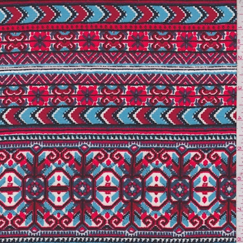 Fire Red/Sky Blue Deco Stripe Rayon Challis