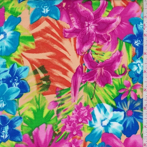 Orange/Fuchsia/Aqua Tropical Floral Rayon Challis