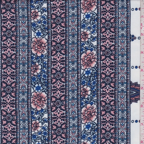 White/Blush/Sapphire Floral Stripe Rayon Challis