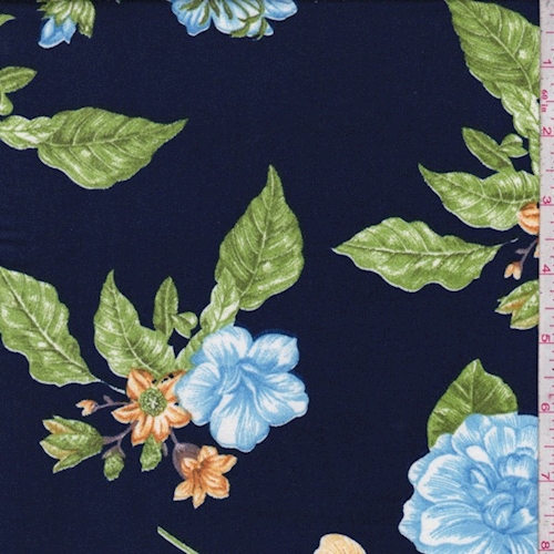 Dark Blue Multi Tropical Floral Double Brushed Jersey Knit